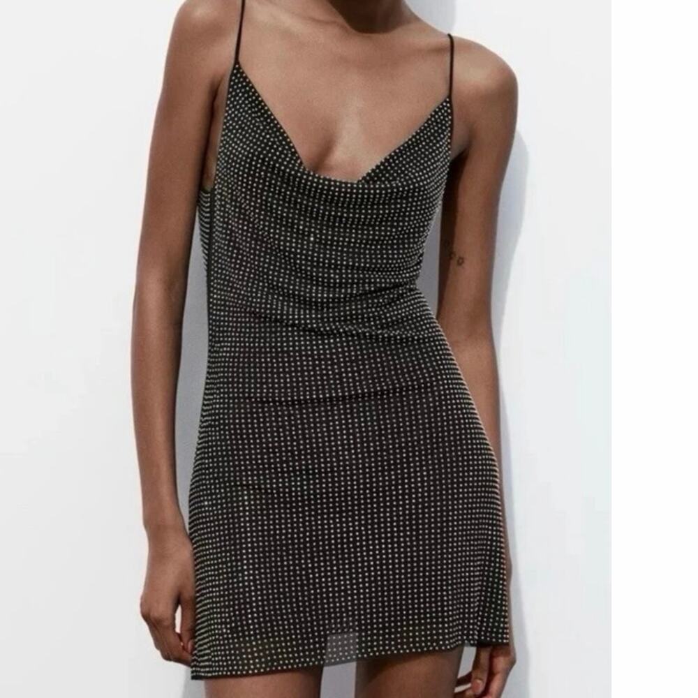 ZARA NEW WOMAN SS24 BLACK SHORT TULLE DRESS WITH RHINESTONES LARGE REF:5063/823